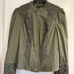 INC Olive Green Jacket with Lace Floral Design